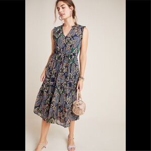 Anthropologie Elmira Ruffle Midi Dress Floral Paisley Blue Green Orange XS